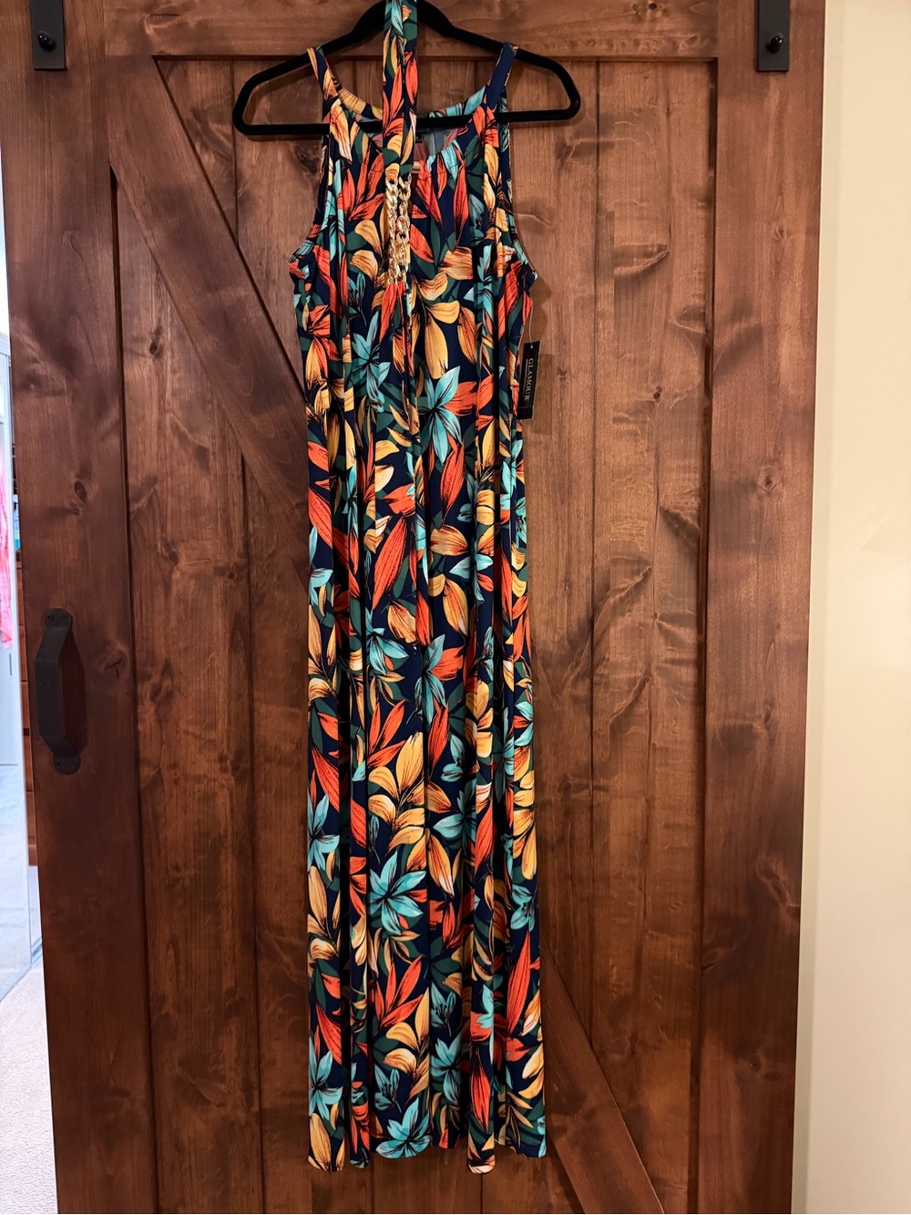 NWT Size 16 Glamour Tropical Print Halter Maxi Dress Chain Neck Navy Blue Orange